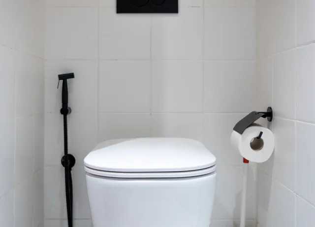 Sanitärraum mit WC und Papierhalter