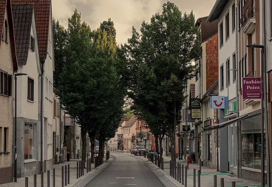Innenstadtstraße mit Ladengeschäften und Baumreihe